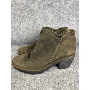 Fly London Shoes Womens Size 38 Brown Suede Ankle Boots Side Zip Chunky Heel